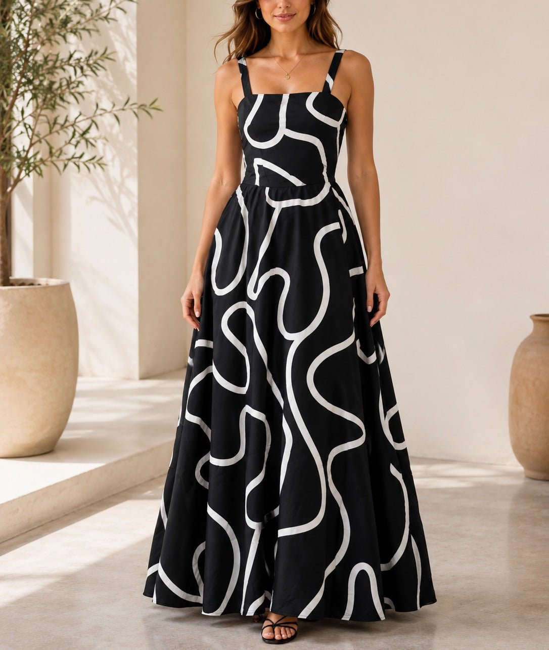 Ladies Black And White A-Line Cami Maxi Dress - StylePhase SA