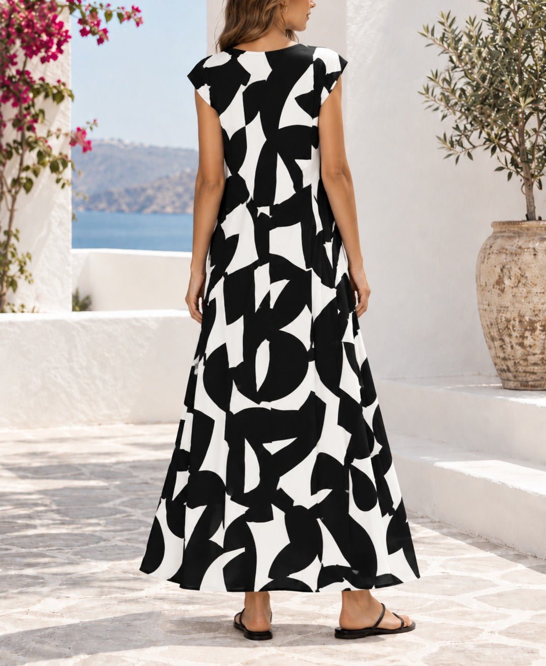Ladies Black And White Cap Sleeve Maxi Dress - StylePhase SA