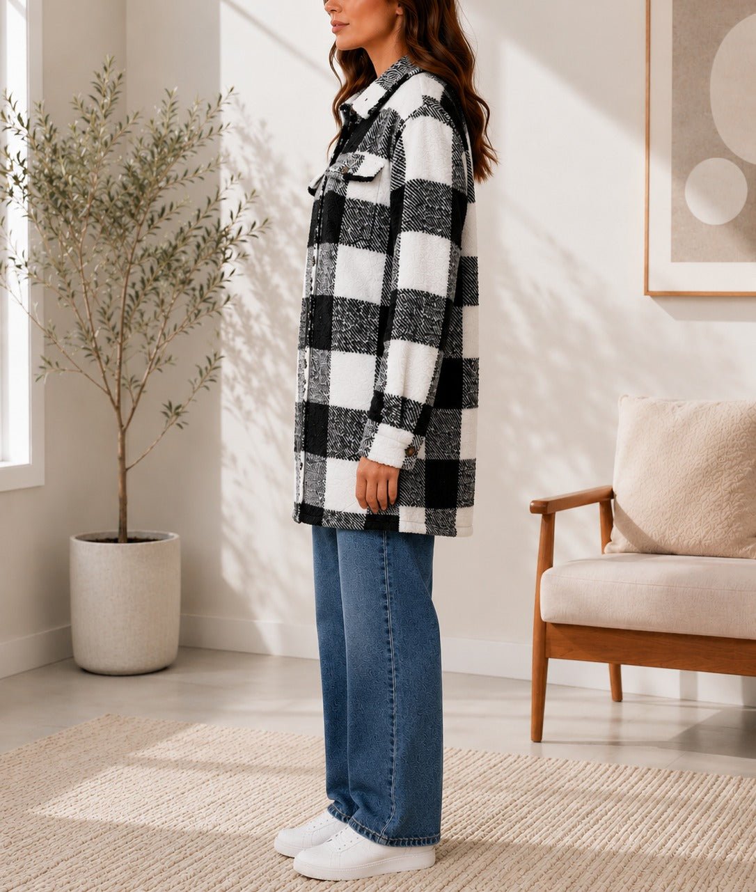 Ladies Black And White Check Pattern Plush Top - StylePhase SA