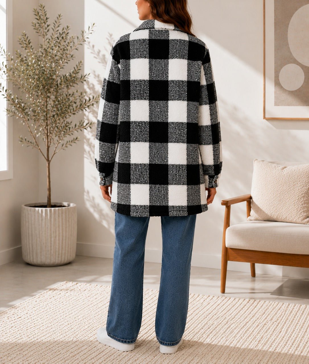 Ladies Black And White Check Pattern Plush Top - StylePhase SA