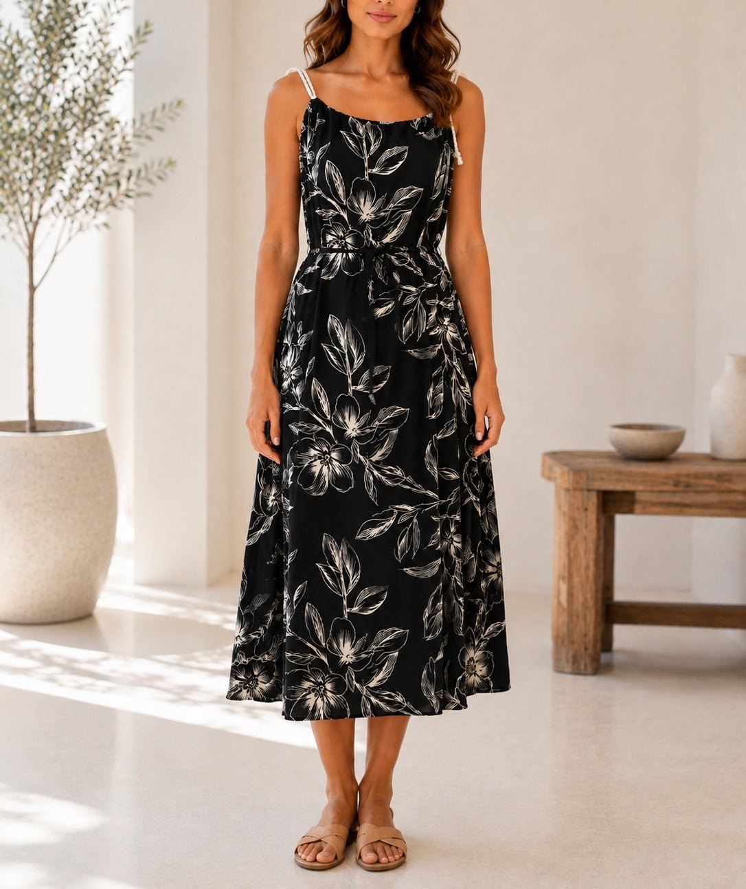 Ladies Black And White Floral Print Rope Straps Belted Dress - StylePhase SA
