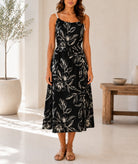 Ladies Black And White Floral Print Rope Straps Belted Dress - StylePhase SA