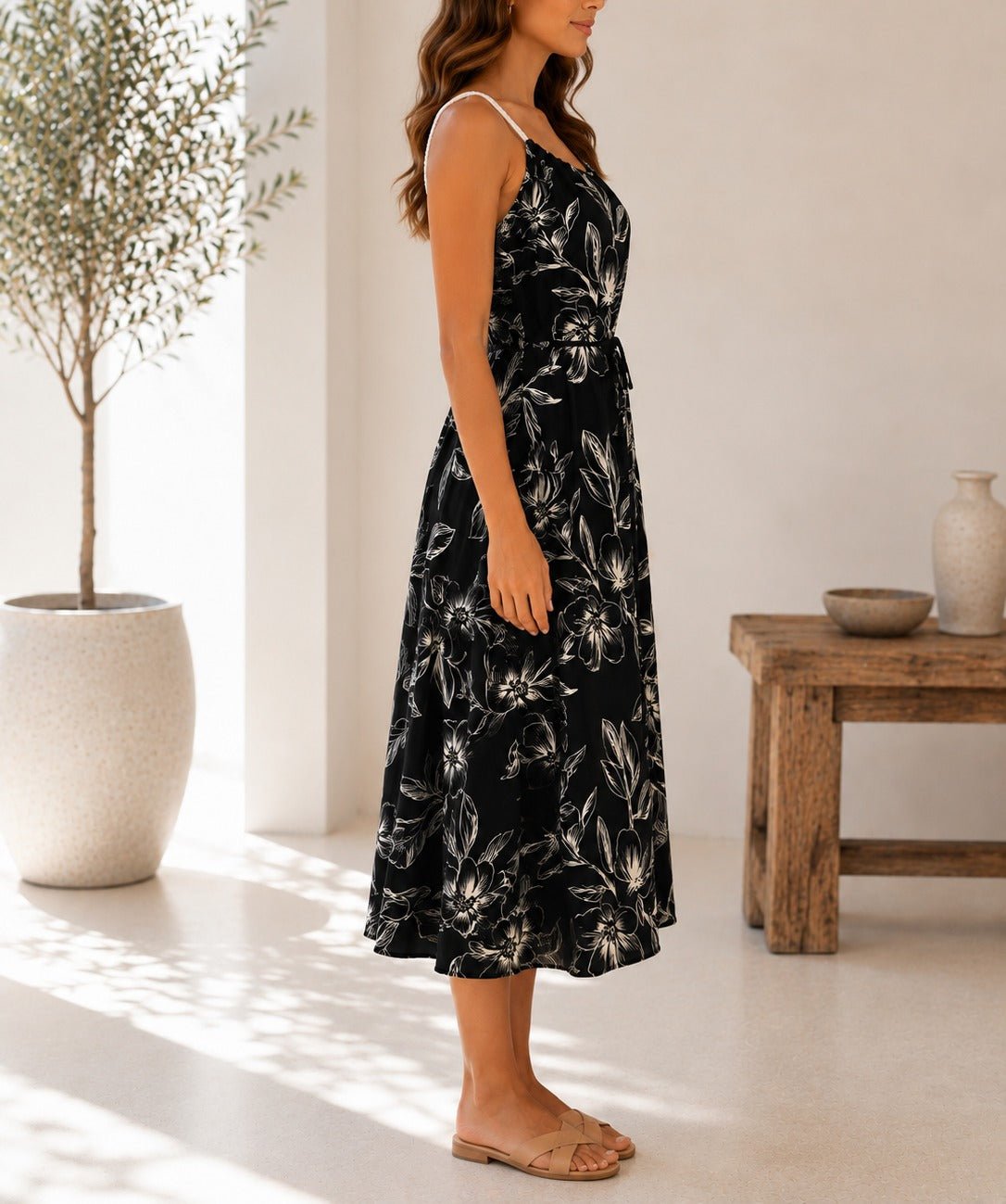 Ladies Black And White Floral Print Rope Straps Belted Dress - StylePhase SA