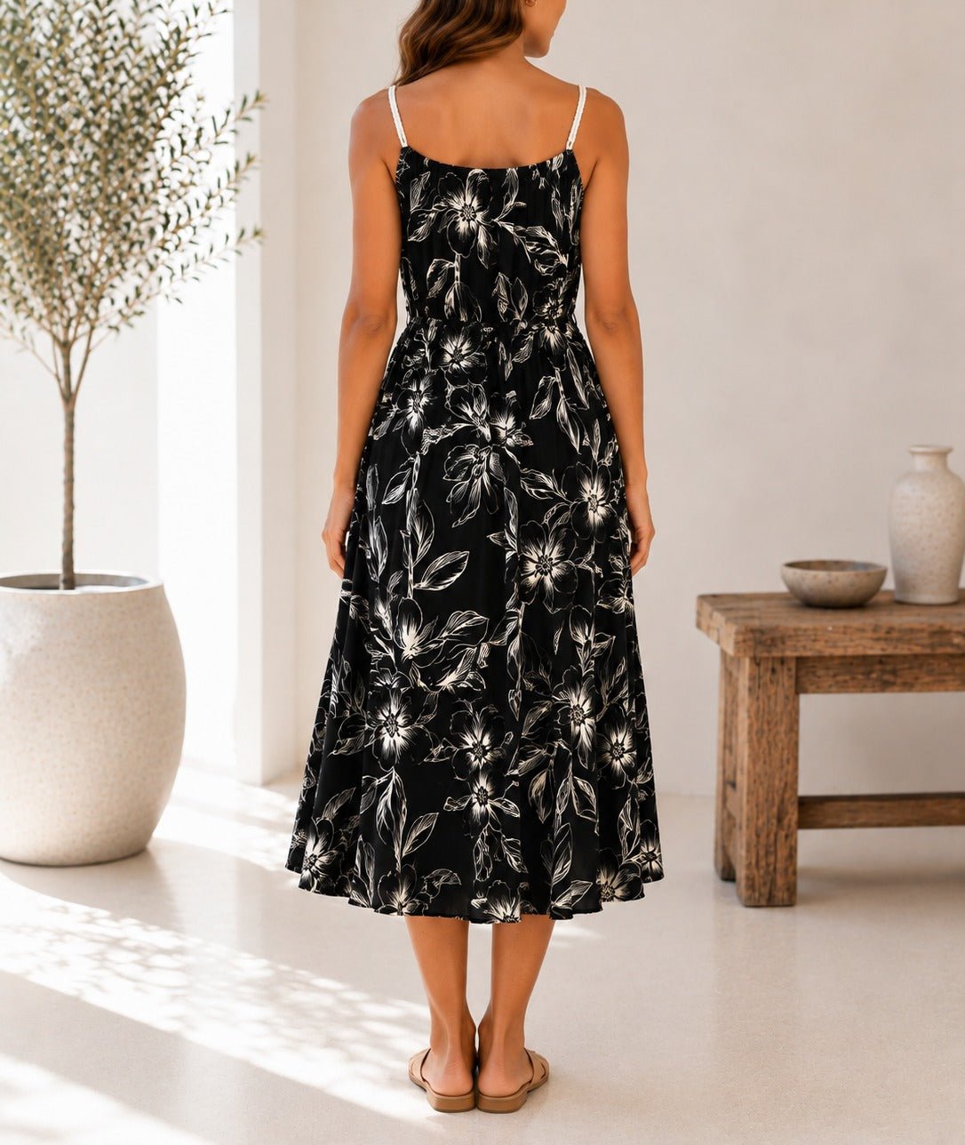 Ladies Black And White Floral Print Rope Straps Belted Dress - StylePhase SA