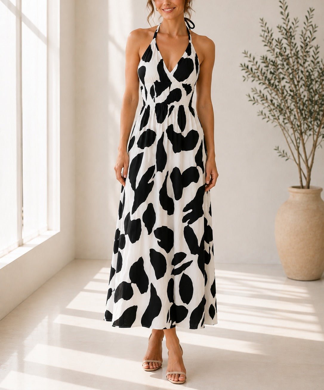 Ladies Black And White Halter Neck Printed Maxi Dress - StylePhase SA