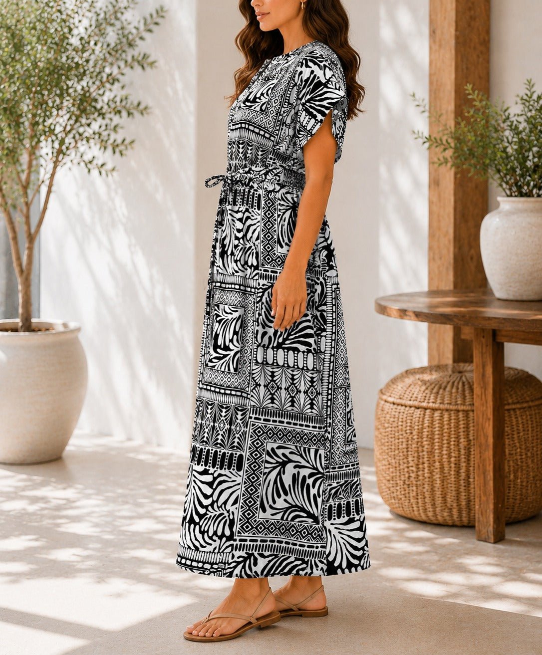 Ladies Black And White Printed Drawstring Dress - StylePhase SA