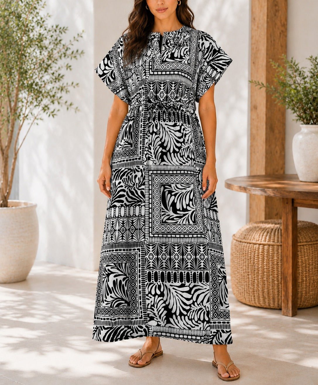 Ladies Black And White Printed Drawstring Dress - StylePhase SA