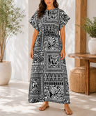 Ladies Black And White Printed Drawstring Dress - StylePhase SA
