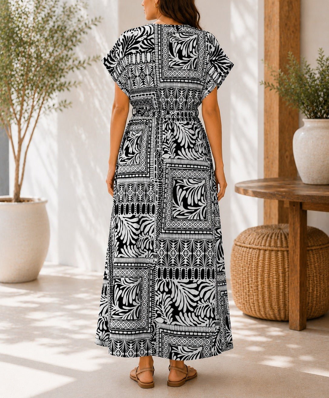 Ladies Black And White Printed Drawstring Dress - StylePhase SA