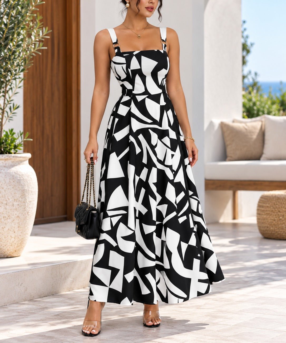 Ladies Black And White Ring Detail Strappy Maxi Dress - StylePhase SA