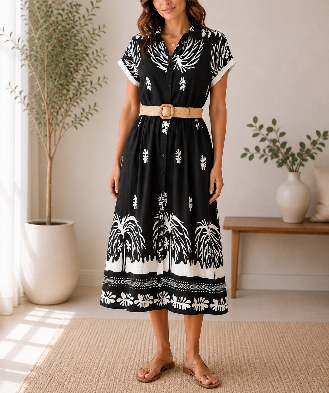 Ladies Black And White Tropical Print Button Dress - StylePhase SA