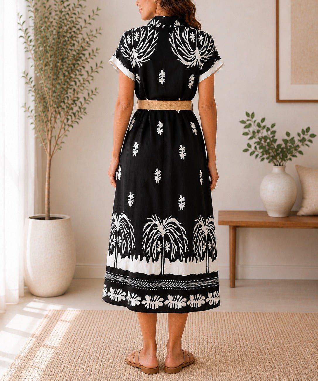 Ladies Black And White Tropical Print Button Dress - StylePhase SA