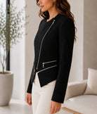 Ladies Black Asymmetric Zipper Slim Fit Blazer - StylePhase SA