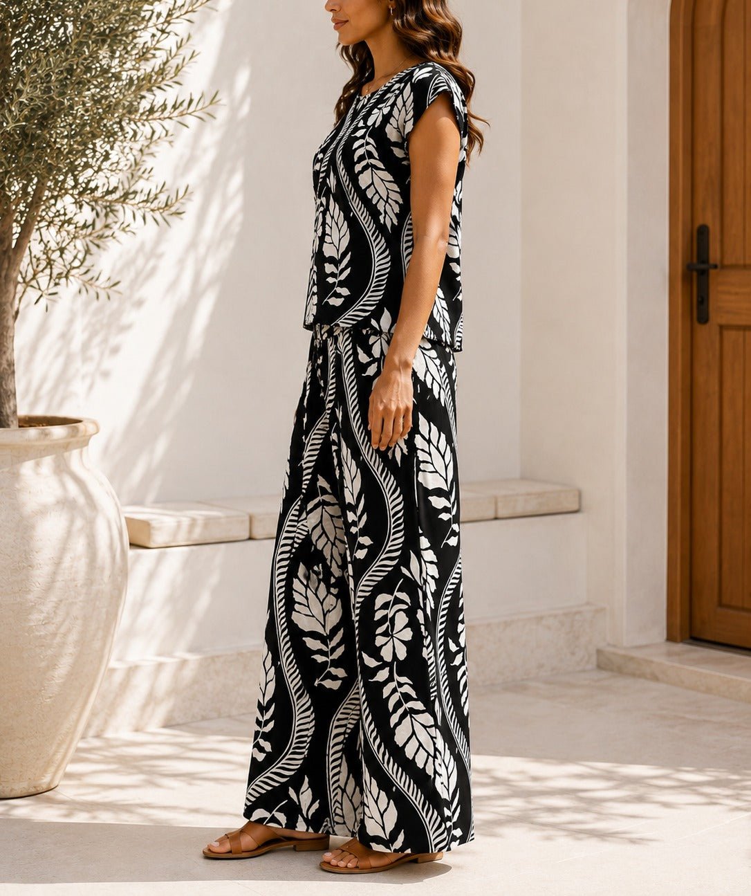 Ladies Black Botanical Print Two Piece Set - StylePhase SA