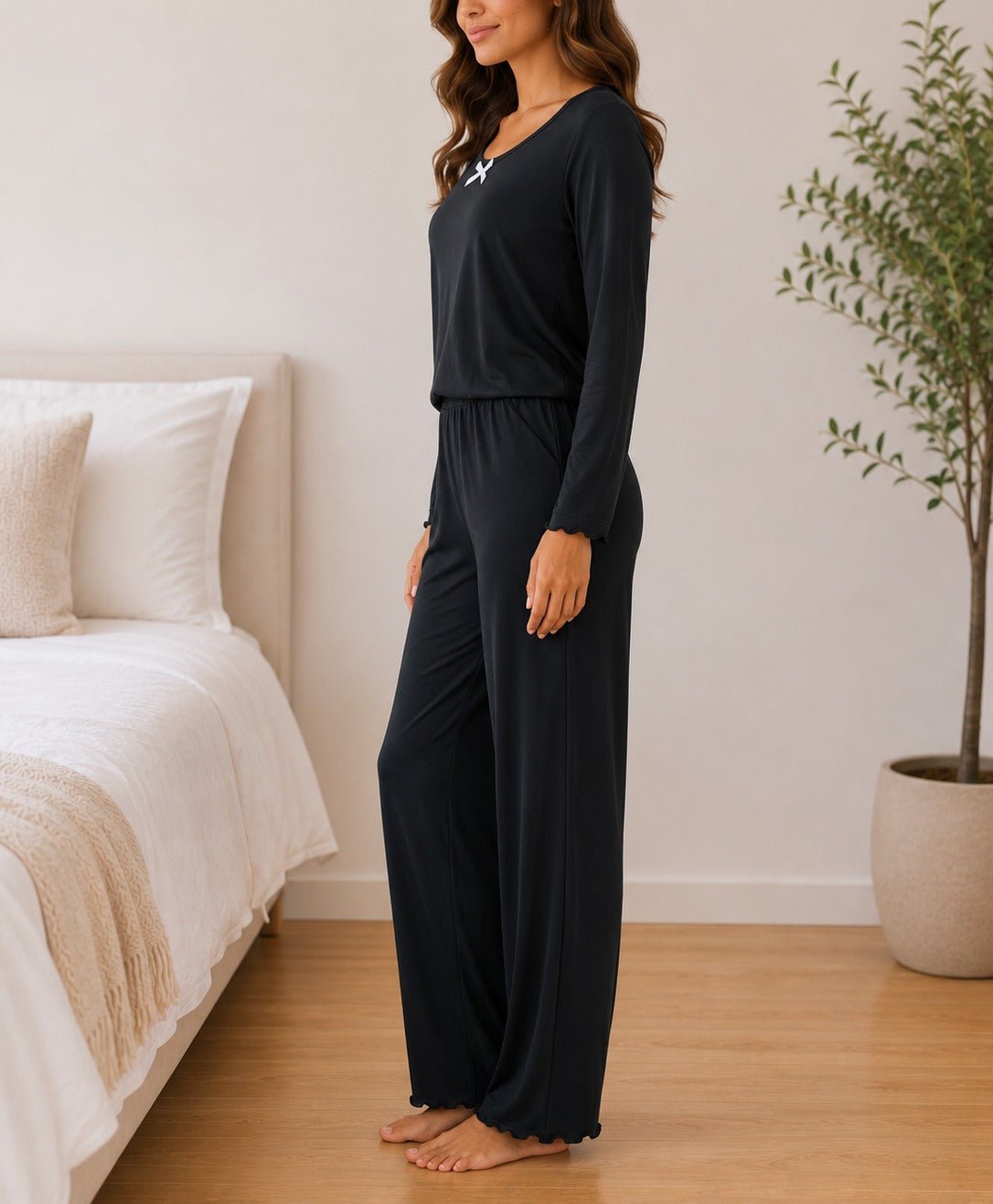 Ladies Black Bow Detail Long Sleeve Pyjama Set - StylePhase SA