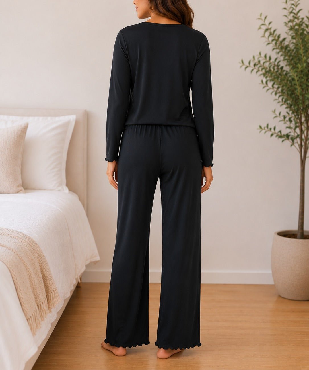 Ladies Black Bow Detail Long Sleeve Pyjama Set - StylePhase SA