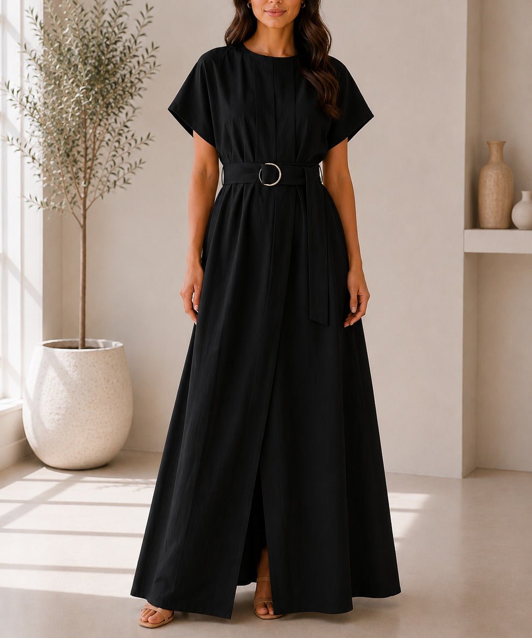Ladies Black Buckle Belt front Slit Maxi Dress - StylePhase SA