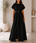 Ladies Black Buckle Belt front Slit Maxi Dress - StylePhase SA