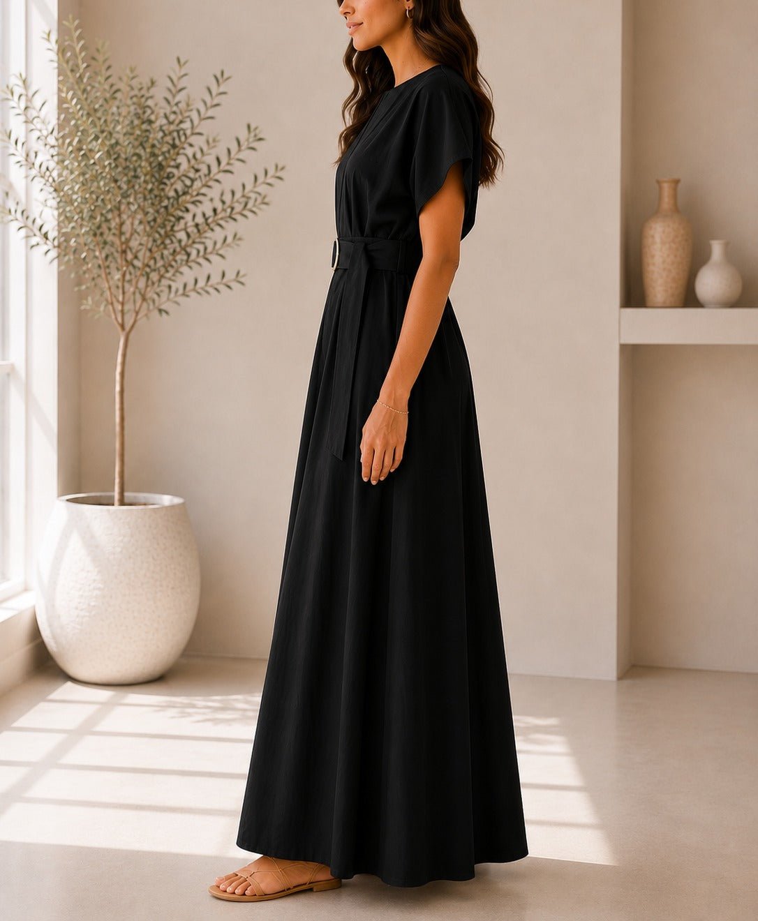 Ladies Black Buckle Belt front Slit Maxi Dress - StylePhase SA