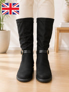 Ladies Black Buckle Faux Suede Boots - StylePhase SA