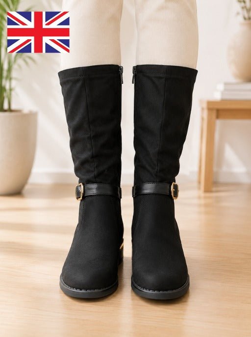 Ladies Black Buckle Faux Suede Boots - StylePhase SA