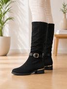 Ladies Black Buckle Faux Suede Boots - StylePhase SA