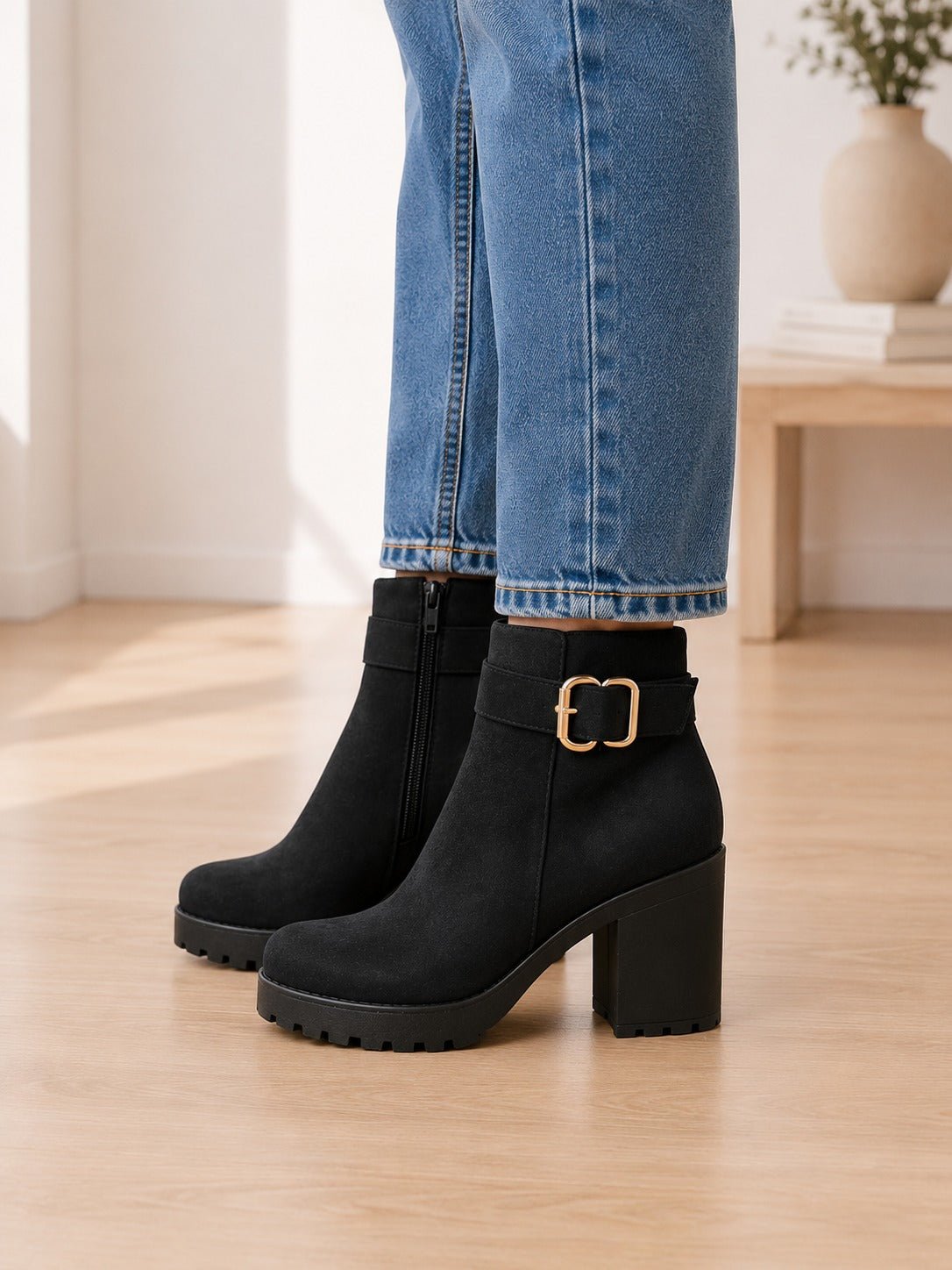 Ladies Black Buckle Heel Boots - StylePhase SA