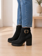 Ladies Black Buckle Heel Boots - StylePhase SA