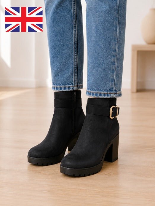 Ladies Black Buckle Heel Boots - StylePhase SA
