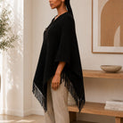 Ladies Black Button Detailed Knit Poncho - StylePhase SA