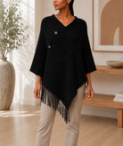 Ladies Black Button Detailed Knit Poncho - StylePhase SA