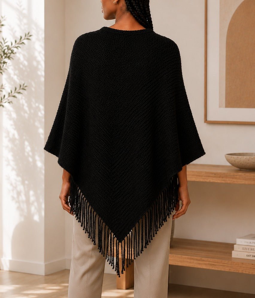 Ladies Black Button Detailed Knit Poncho - StylePhase SA