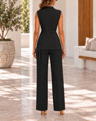 Ladies Black Button Front Belt Detail Two-Piece Set - StylePhase SA