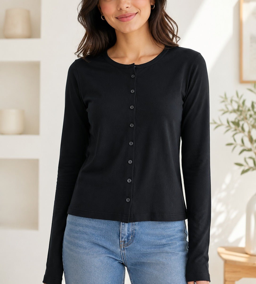 Ladies Black Button Front Long Sleeve Cardigan - StylePhase SA