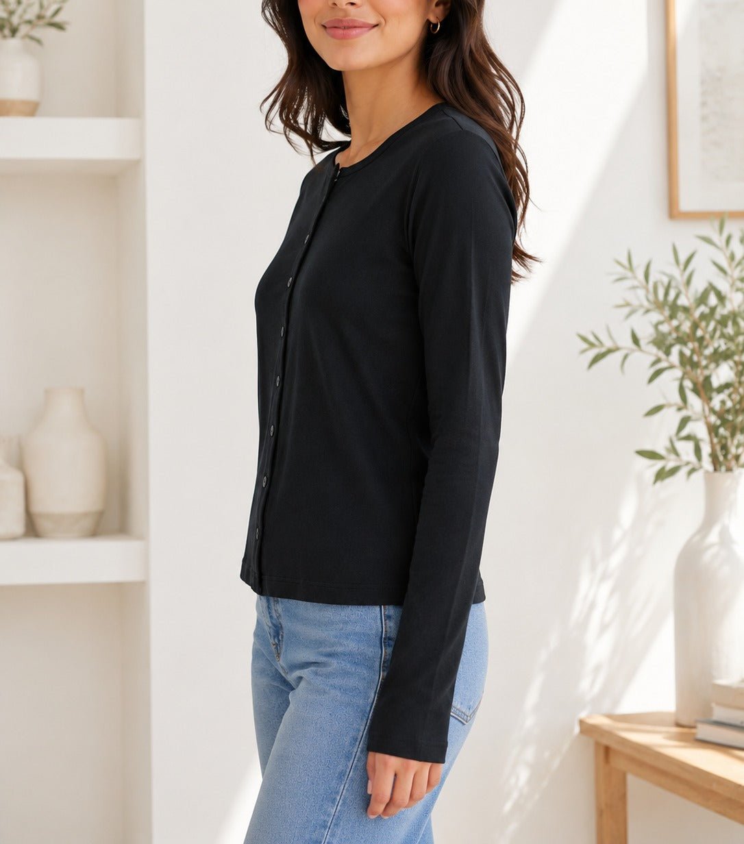 Ladies Black Button Front Long Sleeve Cardigan - StylePhase SA