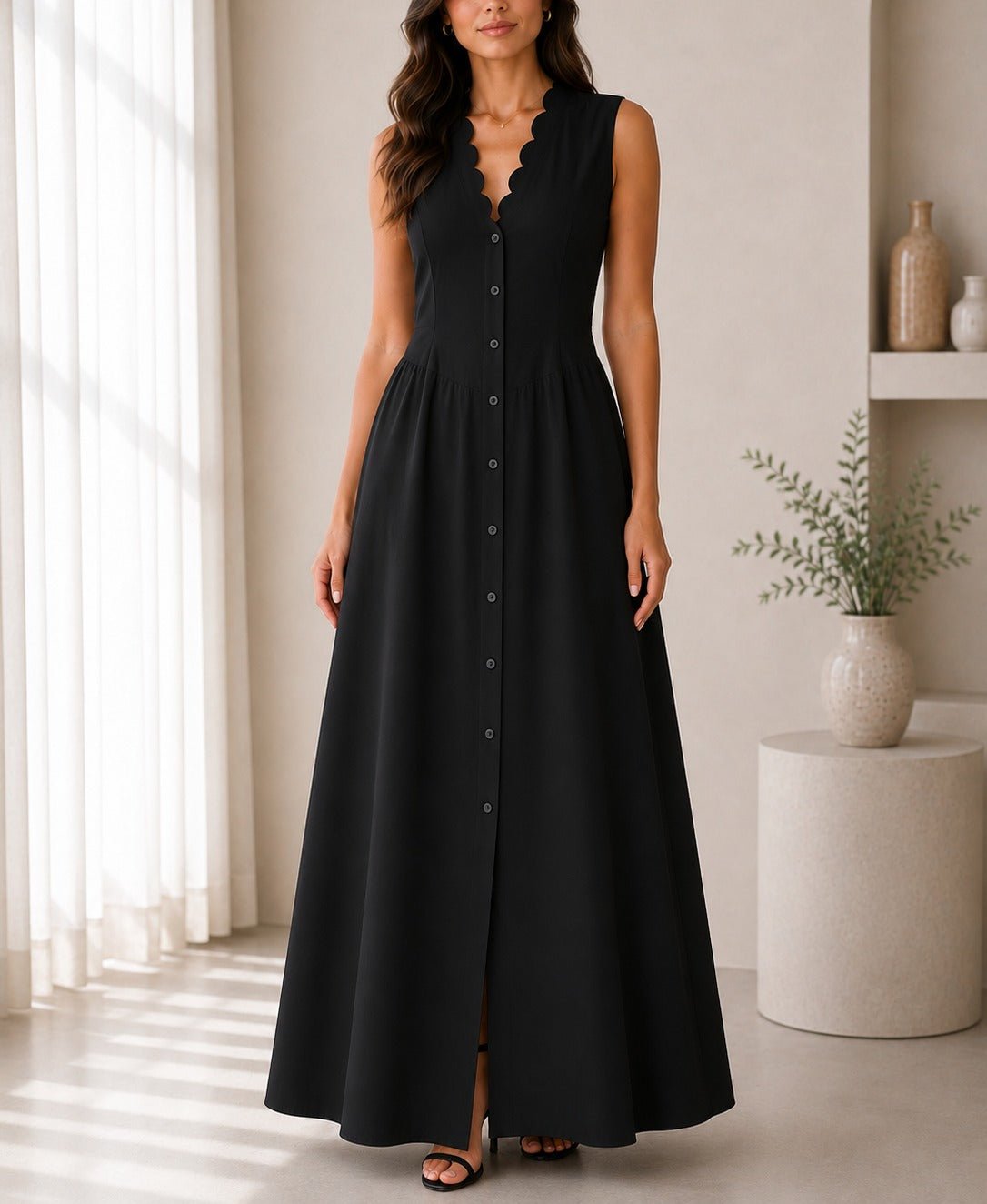 Ladies Black Button Front Placket Maxi Dress - StylePhase SA