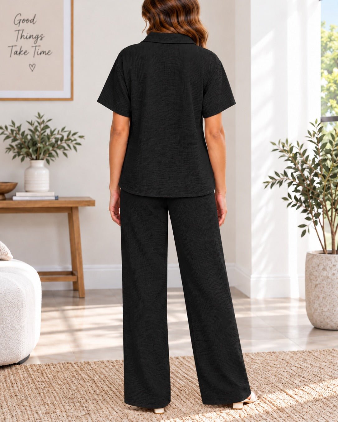 Ladies Black Button Shirt Two-Piece Set - StylePhase SA