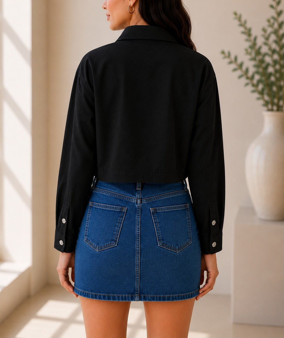 Ladies Black Button Up Cropped Shirt - StylePhase SA