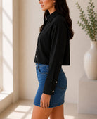 Ladies Black Button Up Cropped Shirt - StylePhase SA