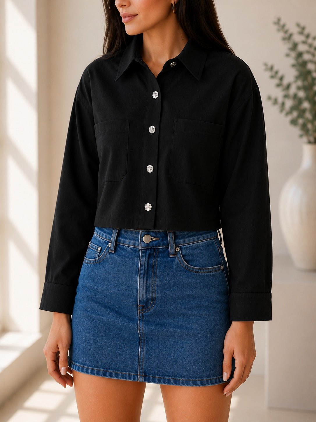 Ladies Black Button Up Cropped Shirt - StylePhase SA