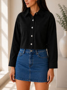 Ladies Black Button Up Cropped Shirt - StylePhase SA