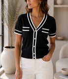 Ladies Black Contrast Trim Button Front Knit Cardigan - StylePhase SA