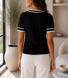 Ladies Black Contrast Trim Button Front Knit Cardigan - StylePhase SA