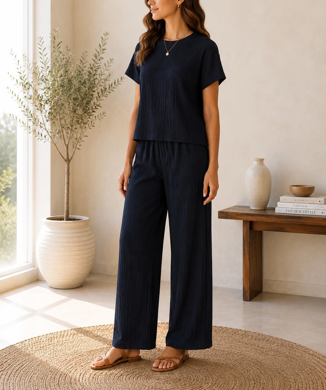 Ladies Black Crinkle-Knit Two-piece New Feeling Set - StylePhase SA