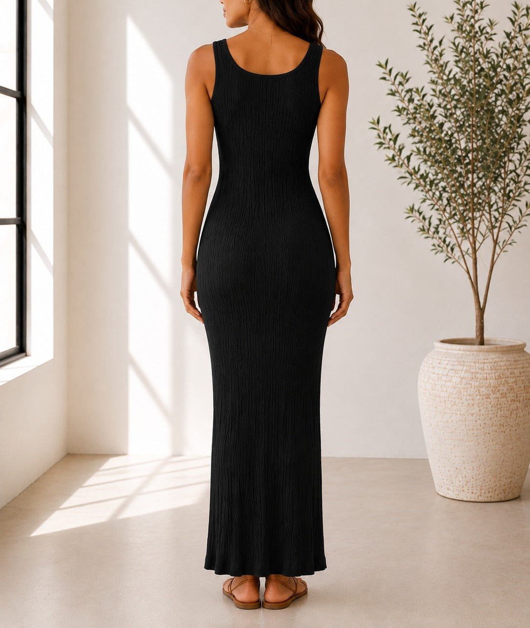 Ladies Black Crinkled Knit Bodycon Dress - StylePhase SA