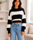 Ladies Black Crop Stripe Sweater - StylePhase SA