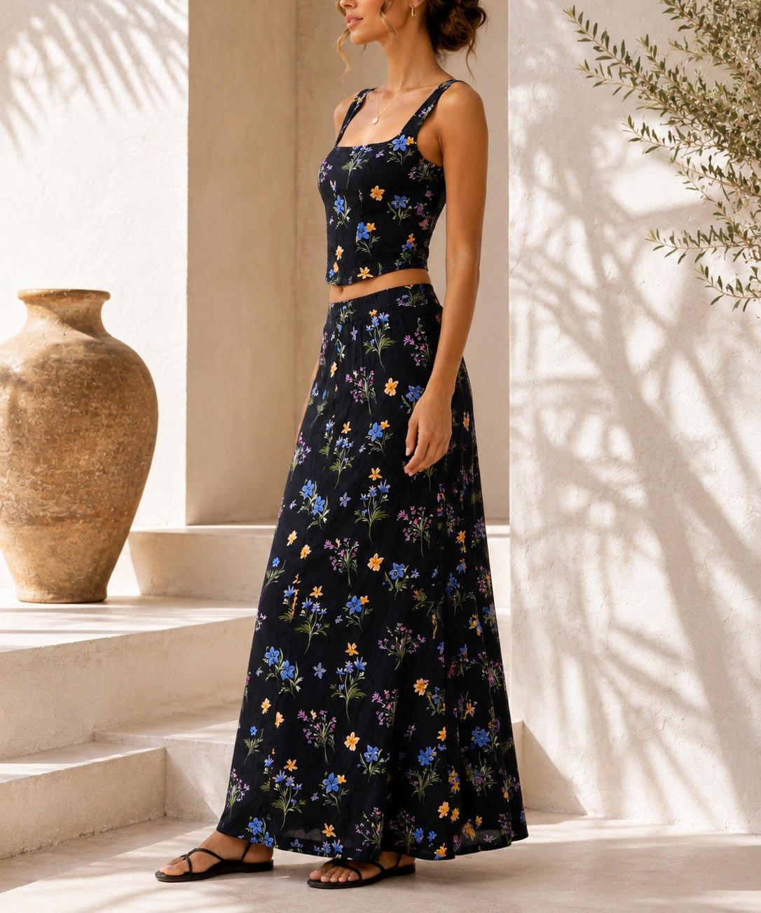 Ladies Black Crop Top Floral Two-Piece Set - StylePhase SA