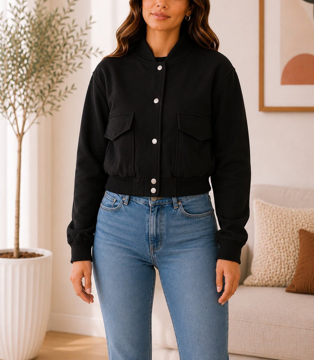 Ladies Black Cropped Fleece New Feeling jacket - StylePhase SA