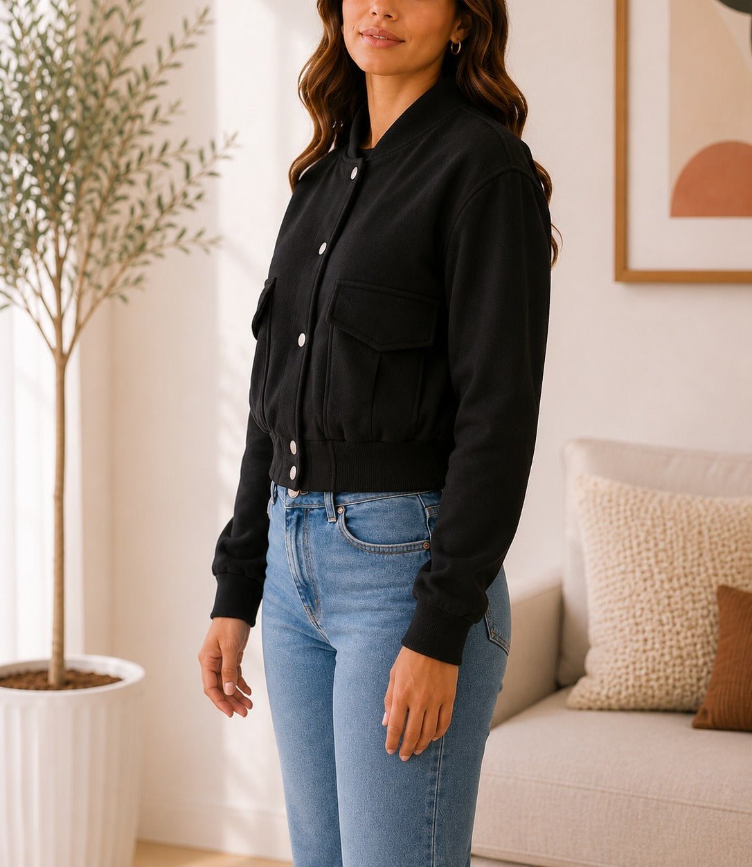 Ladies Black Cropped Fleece New Feeling jacket - StylePhase SA