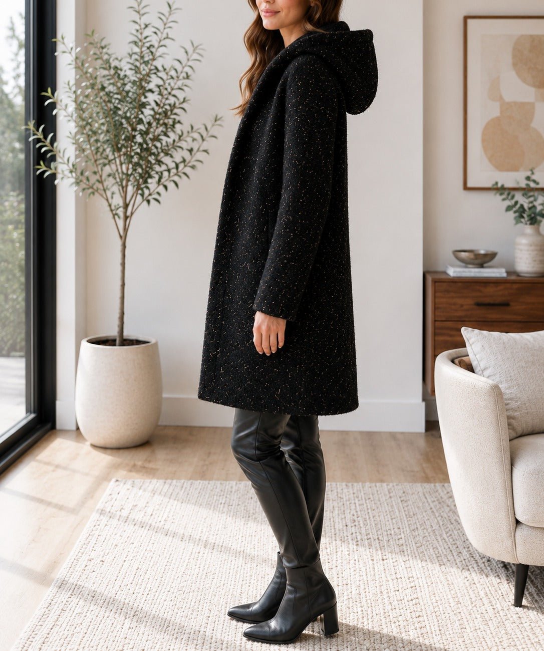 Ladies Black Curly Melton Hooded Coat - StylePhase SA